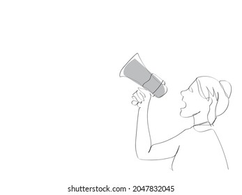 dibujo de línea o dibujo de una línea de cierre sujete en el bulhorn de la mano. Noticias calientes, anuncios venta de descuentos, apúrate, concepto de comunicación.Área de publicidad, burla. minimalista,