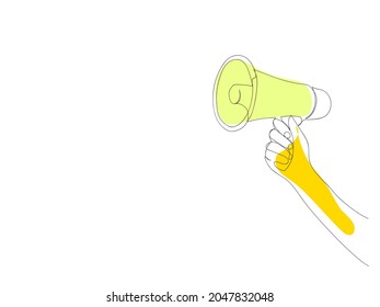 line art or One Line Drawing of Close up  hold in hand bullhorn. Hot news, announce discounts sale, hurry up, communication concept.Advertising area, mock up. minimalist,