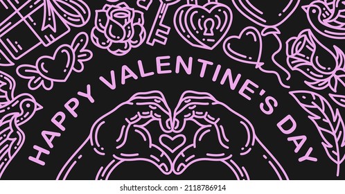 line art or One Line Drawing of hand symbols love. happy valentines day banner design