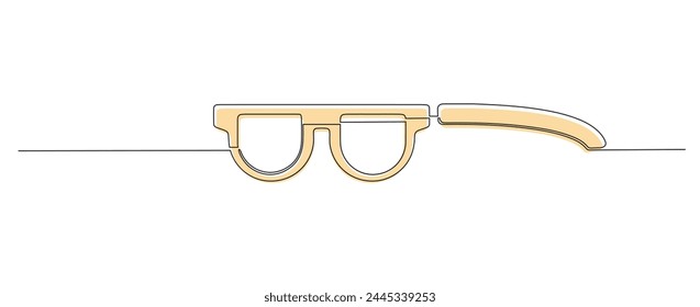 Line art (one line) glasses (sunglasses) with ochre shape on the back. Line goes through lenses, so they got asymmetrical shape. White background. Vector illustration.