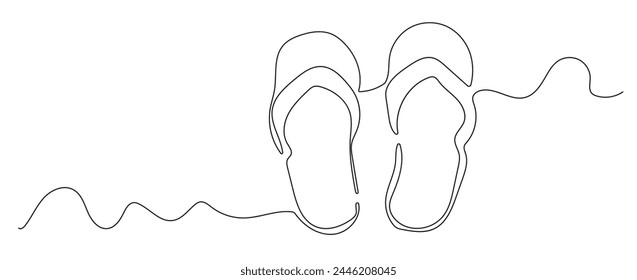Line art (one line) hand drawn pair of slippers (flip flops), isolated on white background (backdrop). Vector illustration.