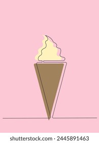 Line art (one line) ice cream, also, included separately waffle conus and creamy pyramid. Pink backdrop. Food. Dessert. Vector illustration.