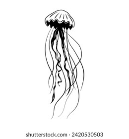 Línea de arte de una línea de medusas para el diseño de la decoración. Ilustración vectorial de línea negra en fondo blanco	