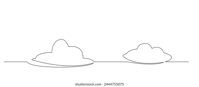 Línea de arte (una línea) par de nubes dibujadas a mano de dibujos animados, fondo blanco. Ilustración vectorial.