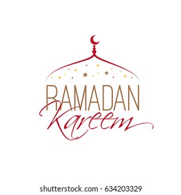Line art onion-shaped mosque dome with crescent, stars and hand lettering Ramadan Kareem, religious holiday, creative card of arabic culture. Vector illustration