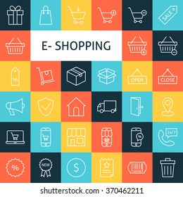 Line Art Online Shopping Icons Set. Vector Collection of E-commerce Modern Outline Icons for Web and Mobile over Colorful Squares.