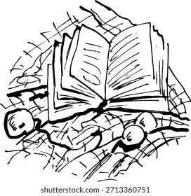Line Art Open Book und Äpfel auf Tischdecke Skizze