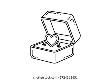 Linha arte de uma caixa de presente aberta com um anel de diamante para a surpresa da proposta de casamento