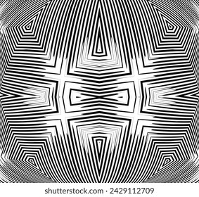 Line art optical art. Psychedelic abstract background. Monochrome background. Optical illusion style. Black dark background. Modern pattern. Abstract graphic texture. Graphic ornament