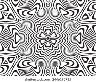  Line art optical art. Psychedelic abstract background. Monochrome background. Optical illusion style. Black dark background. Modern pattern. Abstract graphic texture. Graphic ornament
