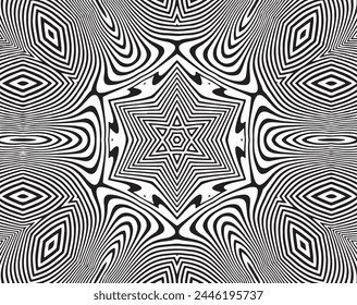  In: Line Art Optical Art. Psychedelic abstract background. Monochromer Hintergrund. Optischer Illusionsstil. Schwarzer dunkler Hintergrund. Modernes Muster. Abstrakte grafische Textur. Grafisches Ornament