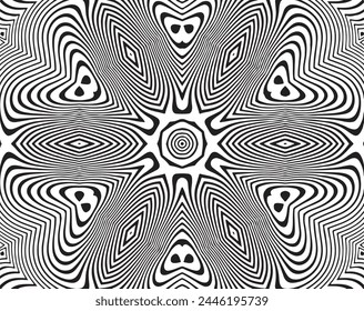 Line art optical art. Psychedelic abstract background. Monochrome background. Optical illusion style. Black dark background. Modern pattern. Abstract graphic texture. Graphic ornament