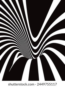  Line art optical art. Psychedelic abstract background. Monochrome background. Optical illusion style. Black dark background. Modern pattern. Abstract graphic texture. Graphic ornament