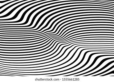 Line art optical art. Psychedelic background. Monochrome background. Optical illusion style. Black dark background. Modern pattern. Abstract graphic texture. Graphic ornament. Vector template