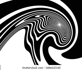  Line art optical art. Psychedelic background. Monochrome background. Optical illusion style. Black dark background. Modern pattern. Abstract graphic texture. Graphic ornament. Vector template