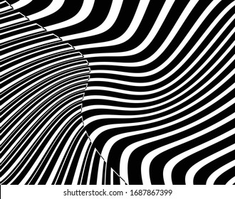  Line art optical art. Psychedelic background. Monochrome background. Optical illusion style. Black dark background. Modern pattern. Abstract graphic texture. Graphic ornament. Vector template