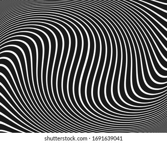  Line art optical art. Psychedelic background. Monochrome background. Optical illusion style. Black dark background. Modern pattern. Vector template 