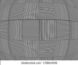 Line art optical art. Psychedelic background. Monochrome background. Optical illusion style. Black dark background. Modern pattern. Abstract graphic texture. Graphic ornament. Vector template