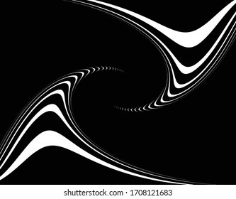 Line art optical art. Psychedelic background. Monochrome background. Optical illusion style. Black dark background. Modern pattern. Abstract graphic texture. Graphic ornament. Vector template 