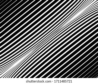 Line art optical art. Psychedelic background. Monochrome background. Optical illusion style. Black dark background. Modern pattern. Abstract graphic texture. Graphic ornament. 