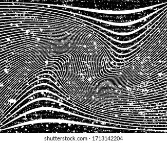 Line art optical art. Psychedelic background. Monochrome background. Optical illusion style. Black dark background. Modern pattern. Abstract graphic texture. Graphic ornament. Vector template