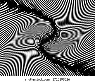  Line art optical art. Psychedelic background. Monochrome background. Optical illusion style. Black dark background. Modern pattern. Abstract graphic texture. Graphic ornament. Vector template