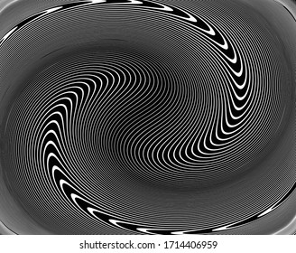  Line art optical art. Psychedelic background. Monochrome background. Optical illusion style. Black dark background. Modern pattern. Abstract graphic texture. Graphic ornament. Vector template