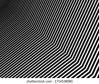  Line art optical art. Psychedelic background. Monochrome background. Optical illusion style. Black dark background. Modern pattern. Abstract graphic texture. Graphic ornament. Vector template