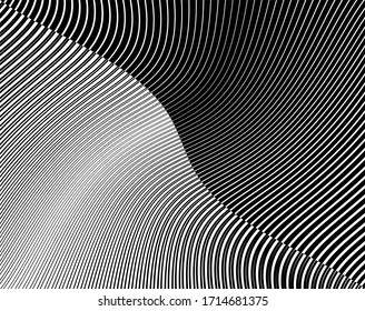  Line art optical art. Psychedelic background. Monochrome background. Optical illusion style. Black dark background. Modern pattern. Abstract graphic texture. Graphic ornament. Vector template