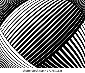Line art optical art. Psychedelic background. Monochrome background. Optical illusion style. Black dark background. Modern pattern. Abstract graphic texture. Graphic ornament. Vector template 