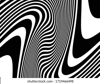  Line art optical art. Psychedelic background. Monochrome background. Optical illusion style. Black dark background. Modern pattern. Abstract graphic texture. Graphic ornament. Vector template