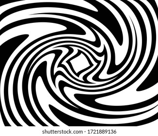 Line art optical art. Psychedelic background. Monochrome background. Optical illusion style. Black dark background. Modern pattern. Abstract graphic texture. Graphic ornament. Vector template