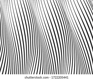 Line art optical art. Psychedelic background. Monochrome background. Optical illusion style. Black dark background. Modern pattern. Abstract graphic texture. Graphic ornament. Vector template