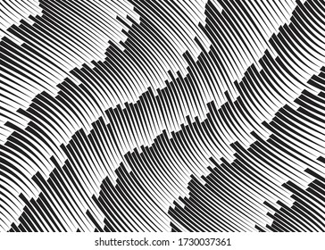  Line art optical art. Psychedelic background. Monochrome background. Optical illusion style. Black dark background. Modern pattern. Abstract graphic texture. Graphic ornament. Vector template