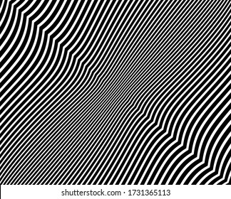  Line art optical art. Psychedelic background. Monochrome background. Optical illusion style. Black dark background. Modern pattern. Abstract graphic texture. Graphic ornament. Vector template