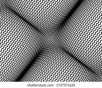  Line art optical art. Psychedelic background. Monochrome background. Optical illusion style. Black dark background. Modern pattern. Abstract graphic texture. Graphic ornament. zig zag