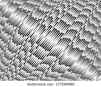 Line art optical art. Psychedelic background. Monochrome background. Optical illusion style. Black dark background. Modern pattern. Abstract graphic texture. Graphic ornament. Vector template