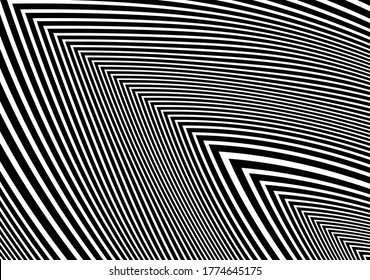  Line art optical art. Psychedelic background. Monochrome background. Optical illusion style. Black dark background. Modern pattern. Abstract graphic texture. Graphic ornament. Vector template