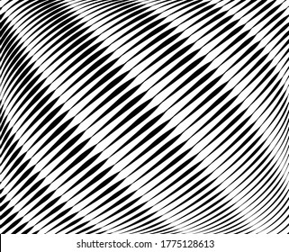  Line art optical art. Psychedelic background. Monochrome background. Optical illusion style. Black dark background. Modern pattern. Abstract graphic texture. Graphic ornament. Vector template