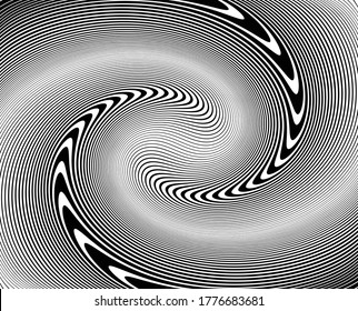  Line art optical art. Psychedelic background. Monochrome background. Optical illusion style. Black dark background. Modern pattern. Abstract graphic texture. Graphic ornament. Vector template