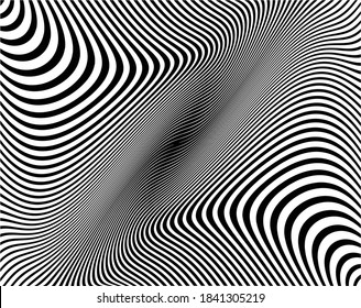 Line art optical art. Psychedelic background. Monochrome background. Optical illusion style. Black dark background. Modern pattern. Abstract graphic texture. Graphic ornament. Vector template