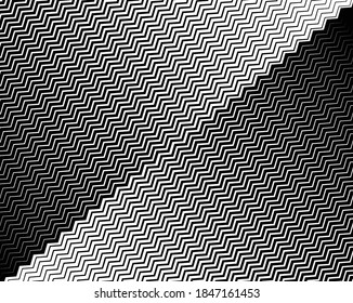 Arte óptico de línea. Fondo psicodélico. Fondo monocromo. Estilo de ilusión óptica. Fondo negro oscuro. Patrón moderno. Textura gráfica abstracta. Ornamento gráfico. Plantilla de vector
