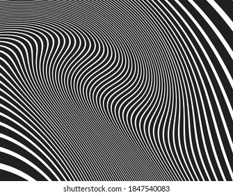  Line art optical art. Psychedelic background. Monochrome background. Optical illusion style. Black dark background. Modern pattern. Abstract graphic texture. Graphic ornament. Vector template