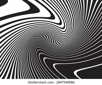  Arte óptico de línea. Fondo psicodélico. Fondo monocromo. Estilo de ilusión óptica. Fondo negro oscuro. Patrón moderno. Textura gráfica abstracta. Ornamento gráfico. Plantilla de vector