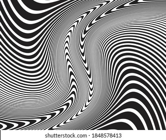 Line art optical art. Psychedelic background. Monochrome background. Optical illusion style. Black dark background. Modern pattern. Abstract graphic texture. Graphic ornament. Vector template 