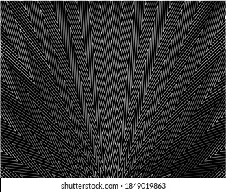  Line art optical art. Psychedelic background. Monochrome background. Optical illusion style. Black dark background. Modern pattern. Abstract graphic texture. Graphic ornament. Vector template