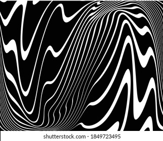  Line art optical art. Psychedelic background. Monochrome background. Optical illusion style. Black dark background. Modern pattern. Abstract graphic texture. Graphic ornament. Vector template