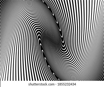 
Line art optical art. Psychedelic background. Monochrome background. Optical illusion style. Black dark background. Modern pattern. Abstract graphic texture. Graphic ornament. Vector template
