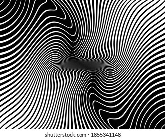 Line art optical art. Psychedelic background. Monochrome background. Optical illusion style. Black dark background. Modern pattern. Abstract graphic texture. Graphic ornament. Vector template