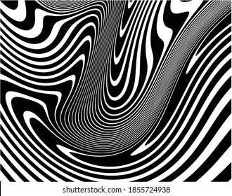  Arte óptico de línea. Fondo psicodélico. Fondo monocromo. Estilo de ilusión óptica. Fondo negro oscuro. Patrón moderno. Textura gráfica abstracta. Ornamento gráfico. Plantilla de vector